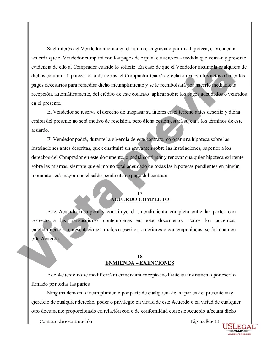 Preview Acuerdo o Contrato de Escritura de Venta y Compra de Bienes Raíces a/k/a Terreno o Contrato de Ejecución