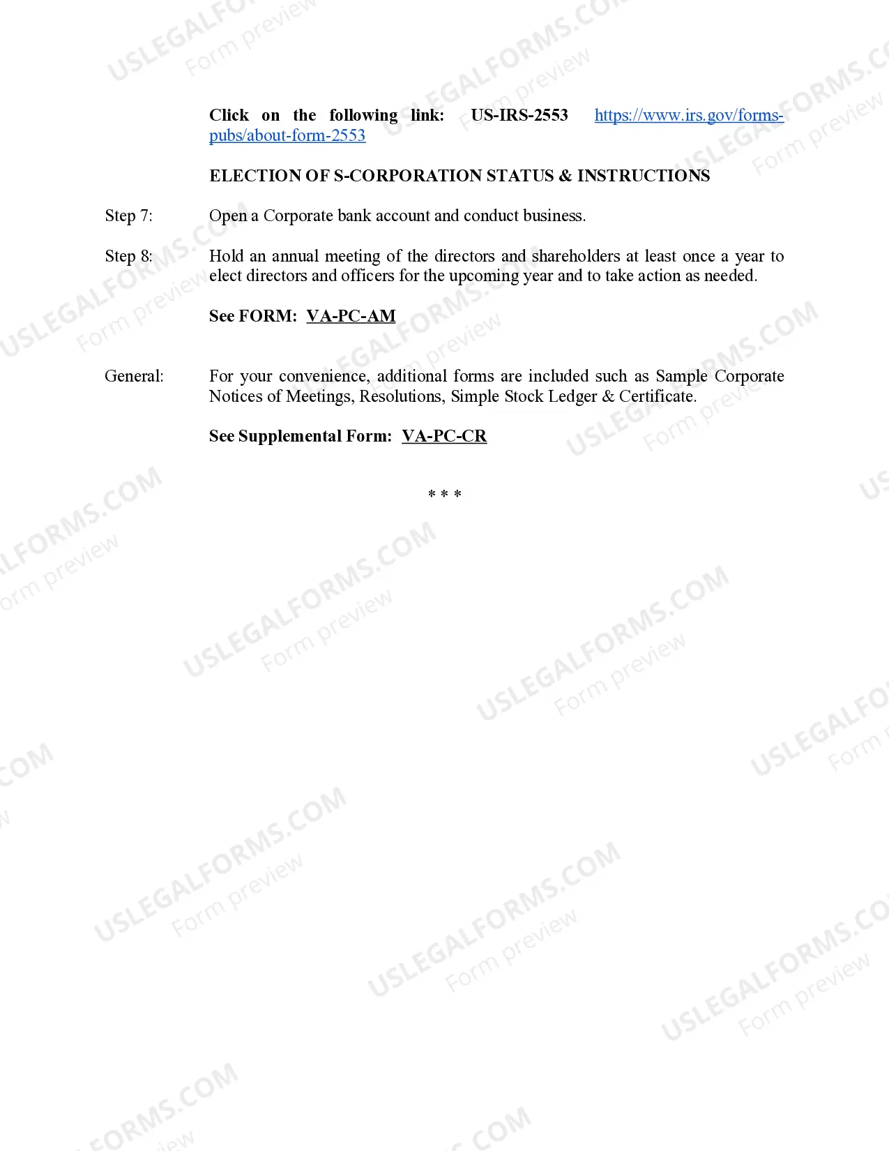 Preview Professional Corporation Package for Virginia