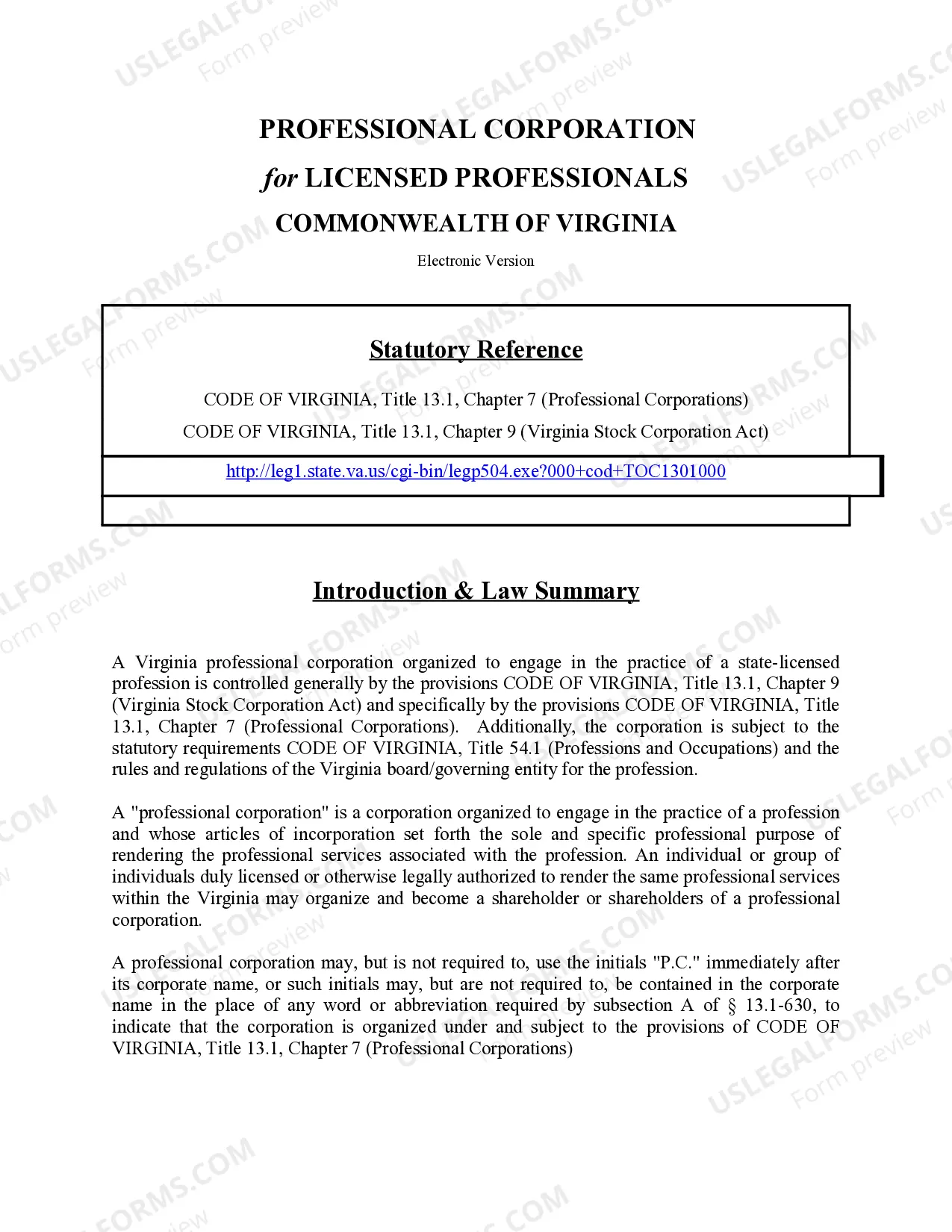 Preview Professional Corporation Package for Virginia