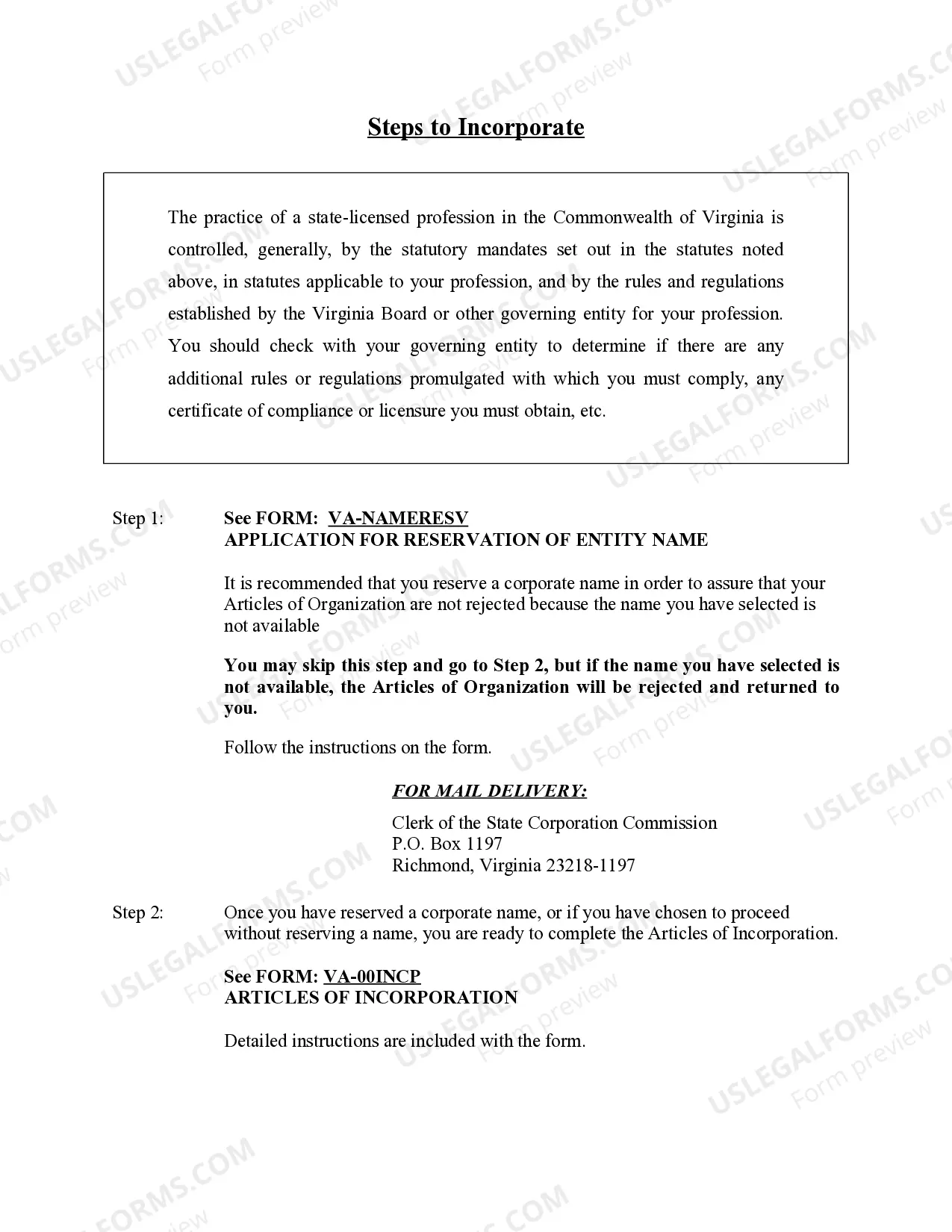 Preview Professional Corporation Package for Virginia