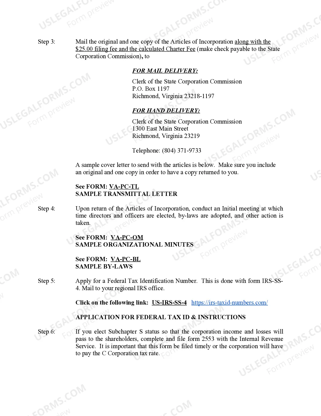 Preview Professional Corporation Package for Virginia