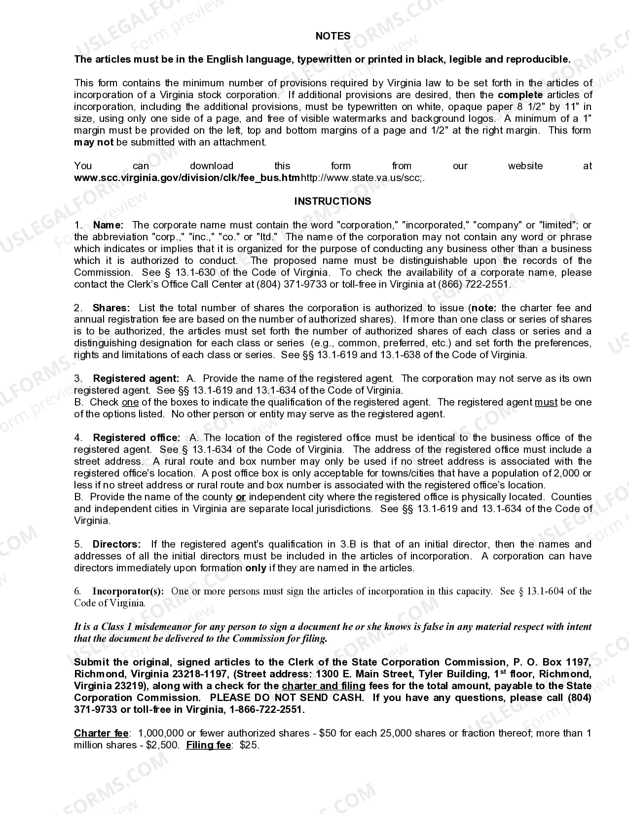 Preview Virginia Articles of Incorporation for Domestic For-Profit Stock Corporation