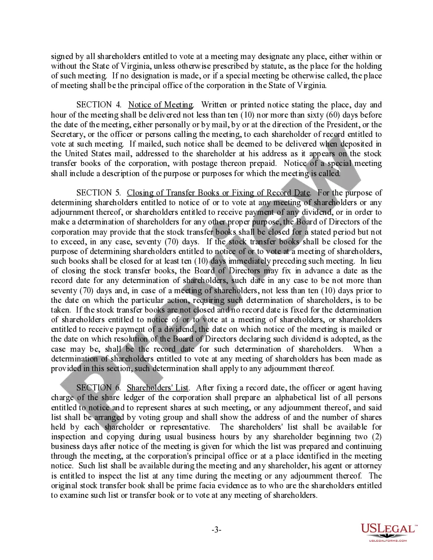 Preview Virginia Bylaws for Corporation