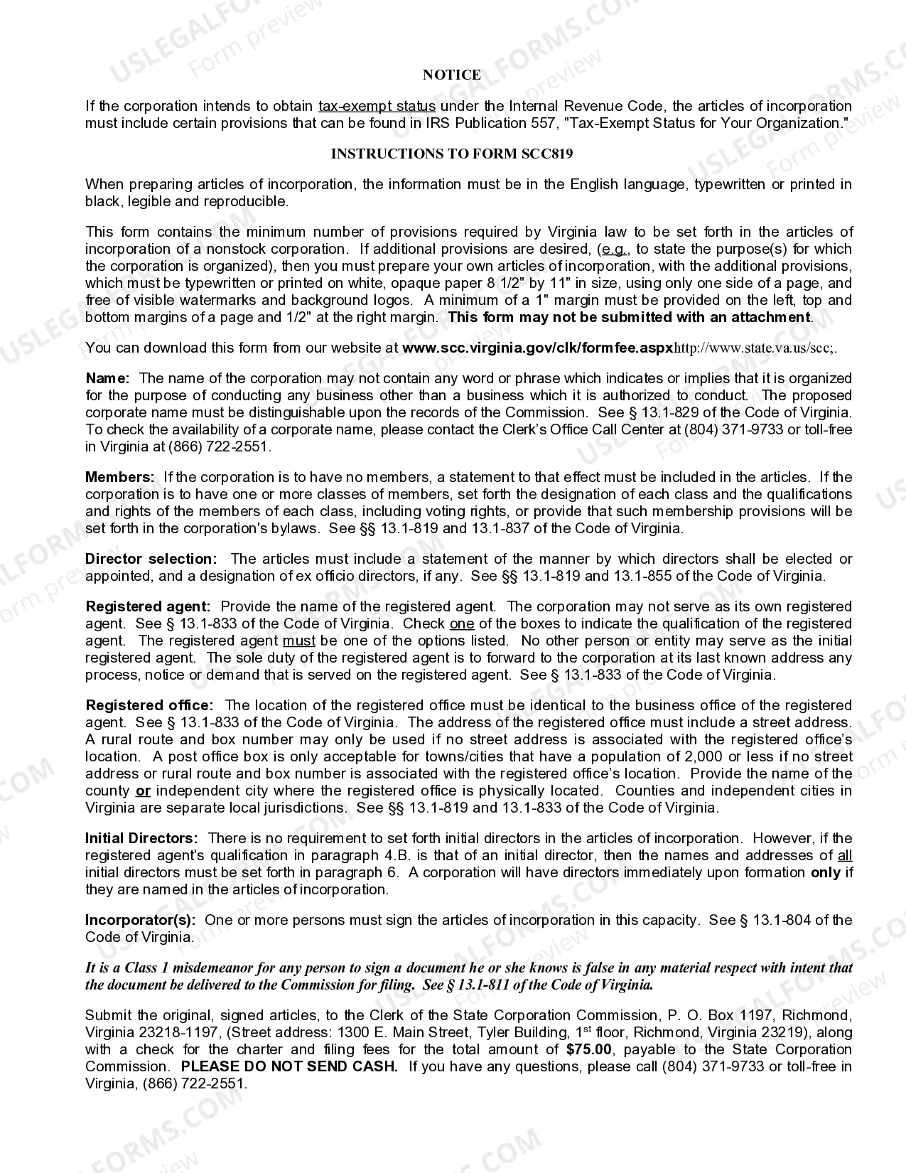 Preview Virginia Articles of Incorporation for Domestic Nonprofit Nonstock Corporation