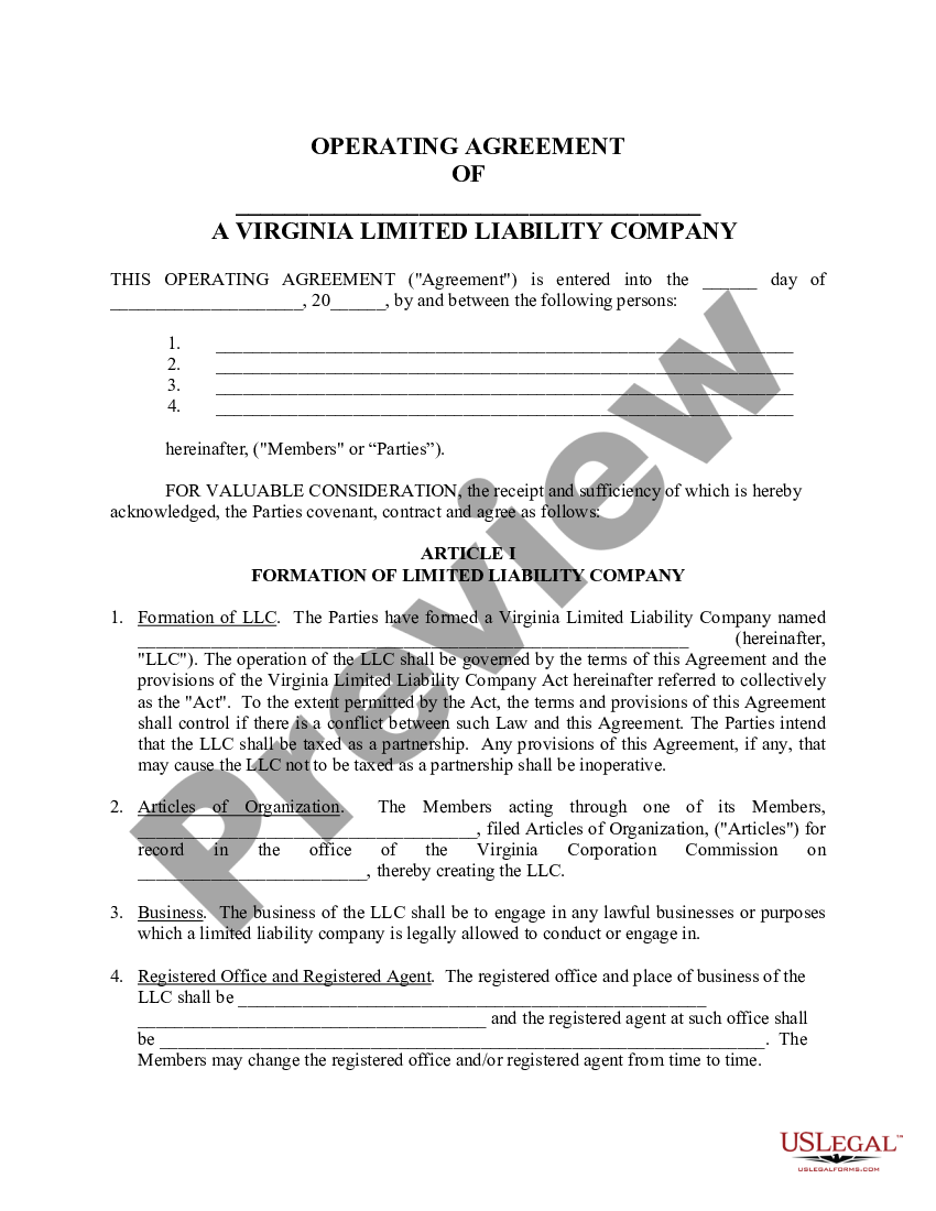 Virginia Limited Liability Company LLC Operating Agreement Limited