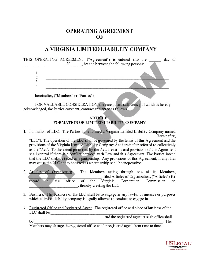 Preview Limited Liability Company LLC Operating Agreement