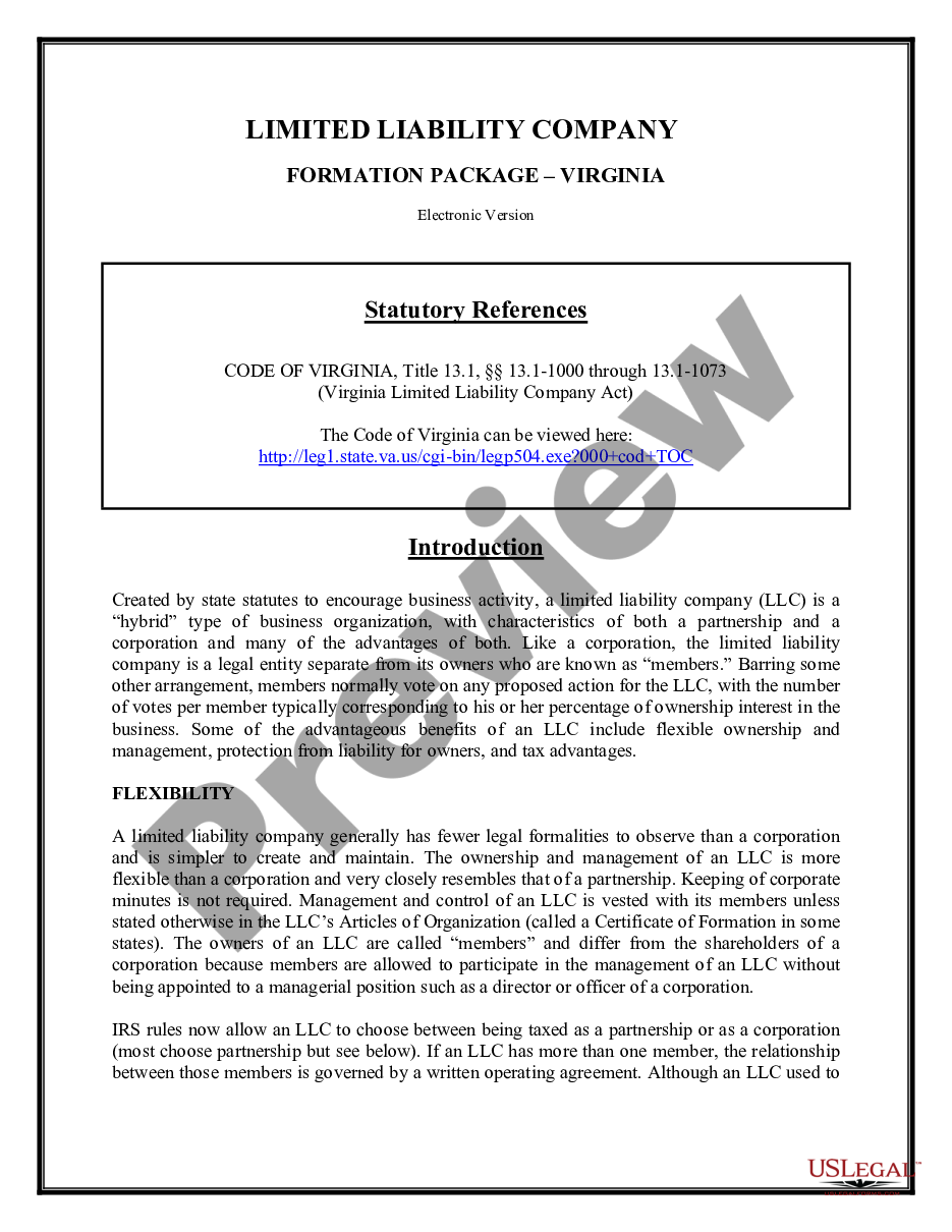 page 1 Virginia Limited Liability Company LLC Formation Package preview