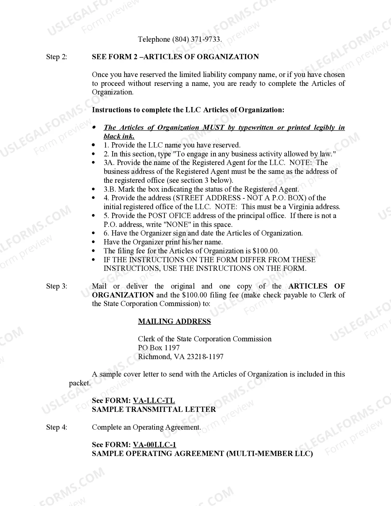 Preview Virginia Limited Liability Company LLC Formation Package