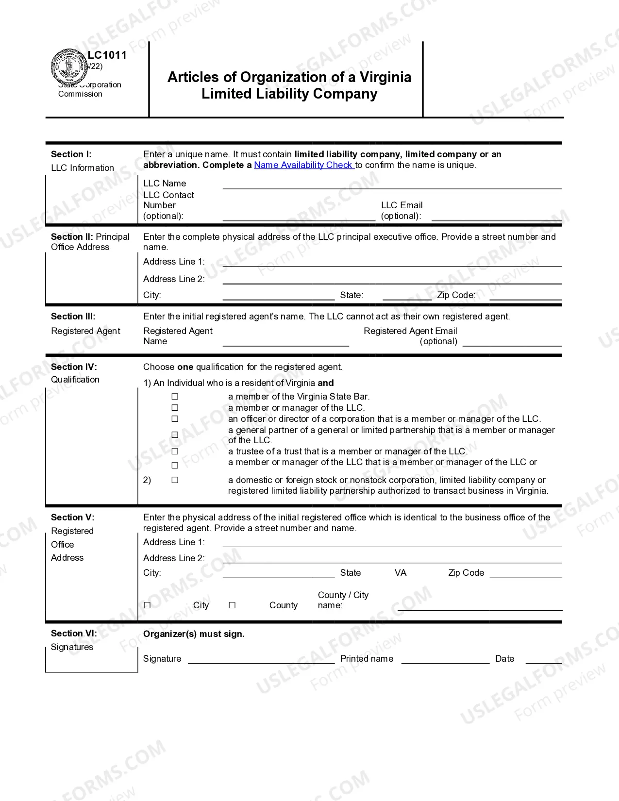 Preview Virginia Articles of Organization for Domestic Limited Liability Company LLC