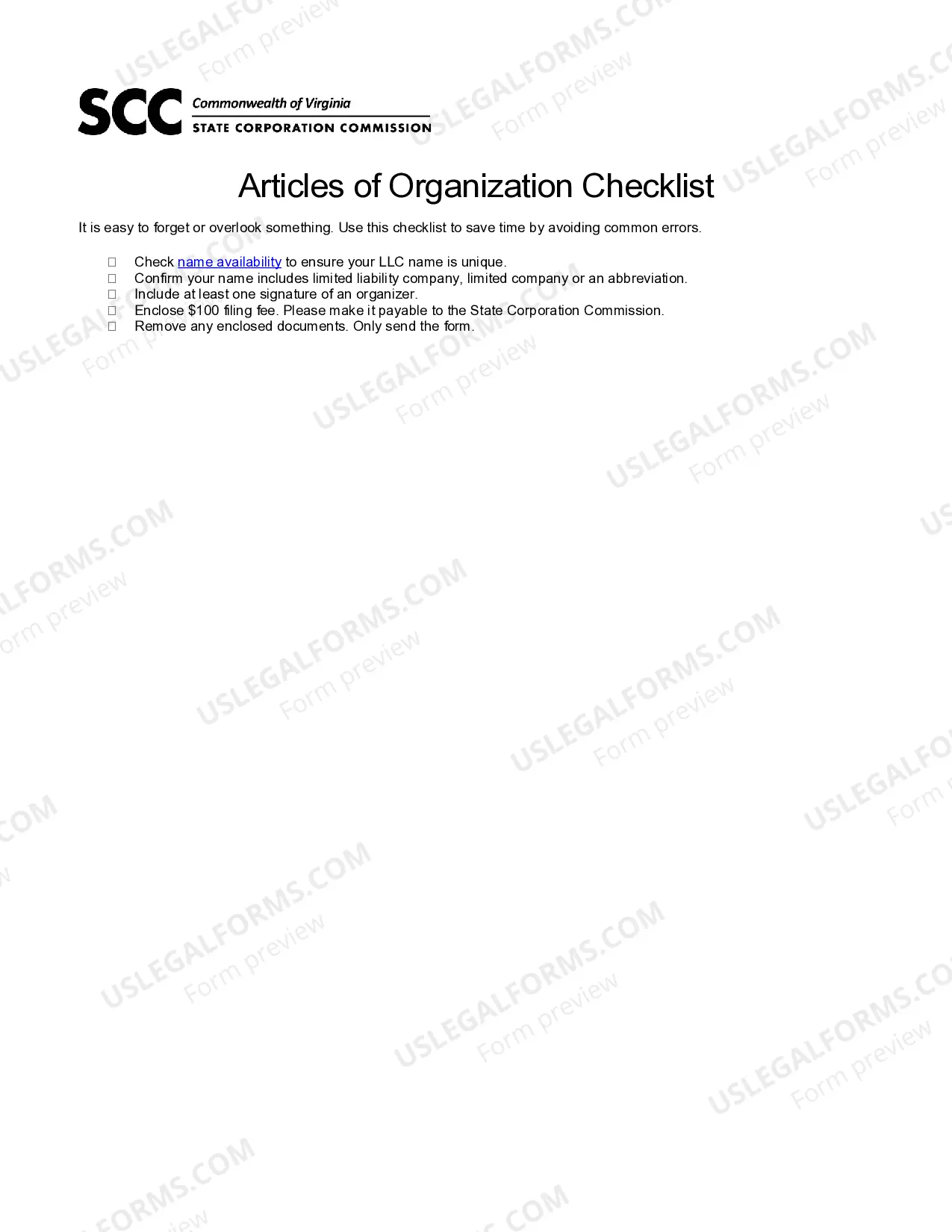 Preview Virginia Articles of Organization for Domestic Limited Liability Company LLC