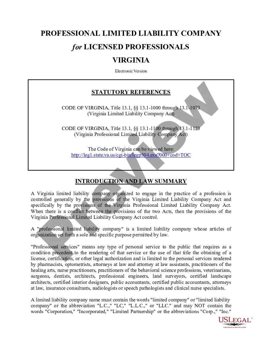 Virginia Professional Limited Liability Company PLLC Formation Package ...