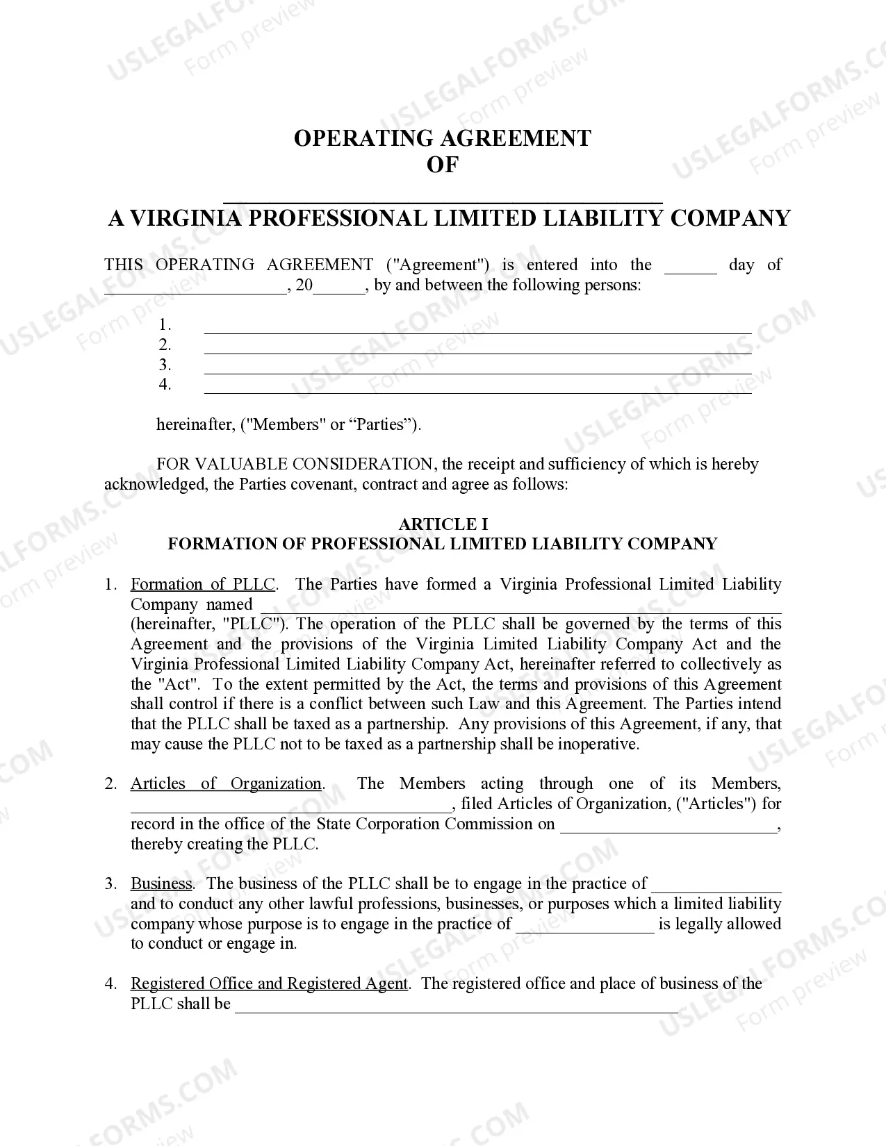 Preview Virginia Professional Limited Liability Company PLLC Formation Package