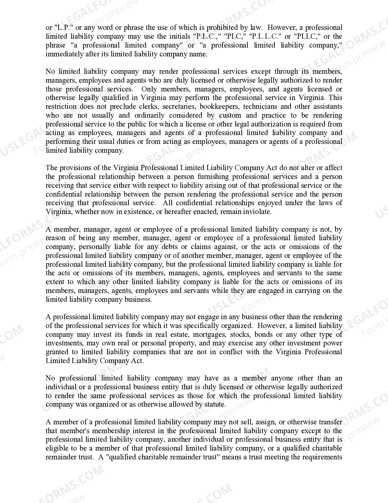 Preview Virginia Professional Limited Liability Company PLLC Formation Package