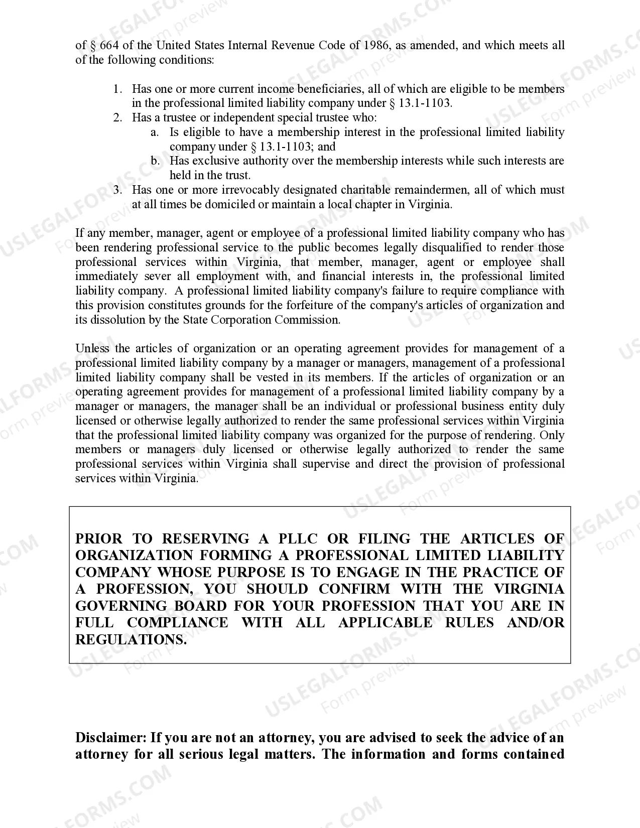 Preview Virginia Professional Limited Liability Company PLLC Formation Package