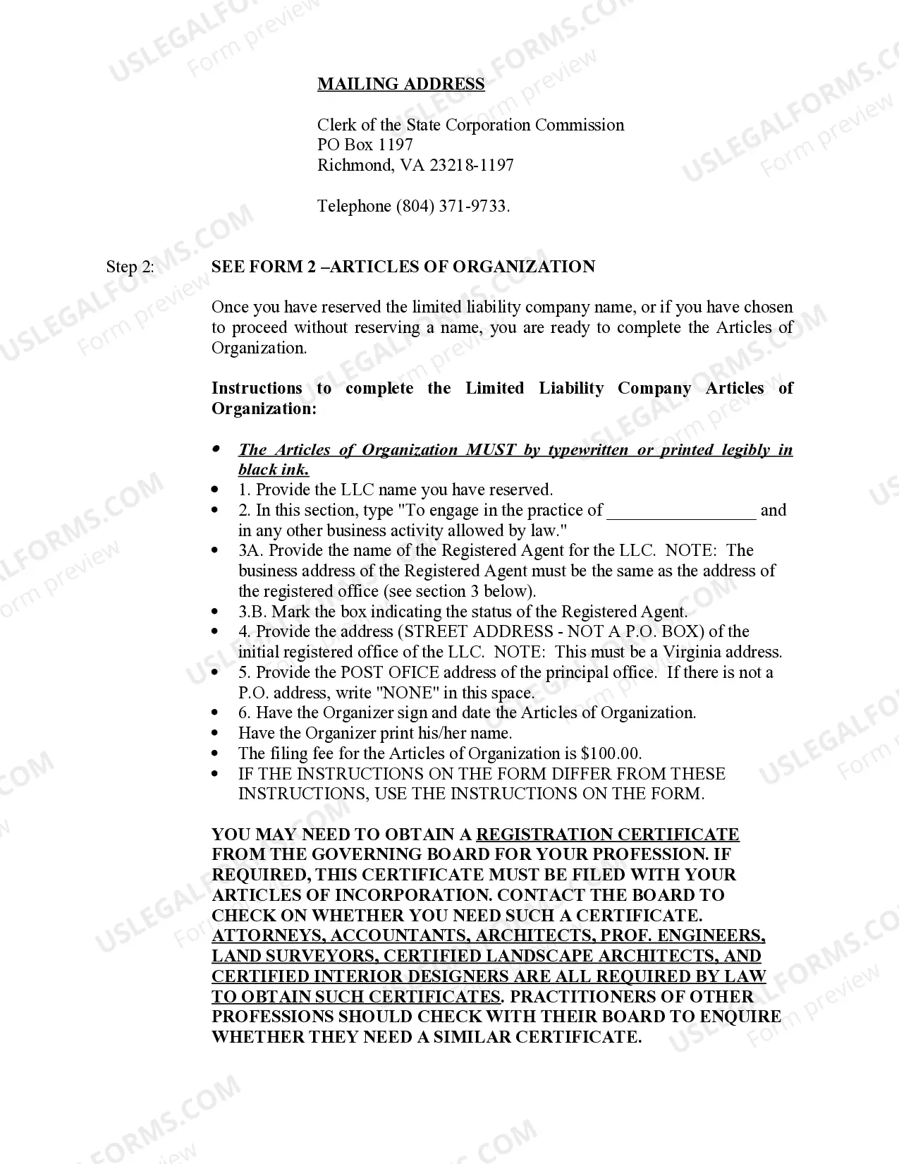 Preview Virginia Professional Limited Liability Company PLLC Formation Package