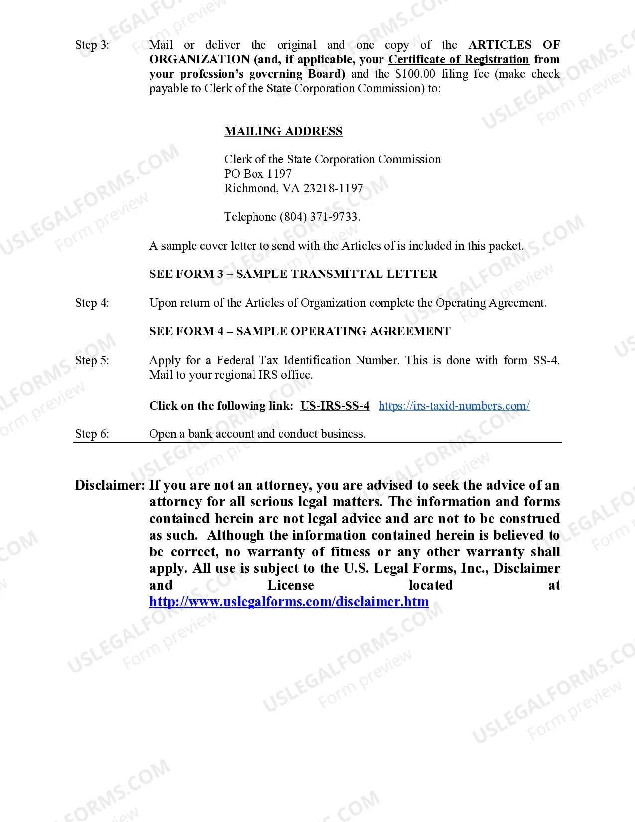 Preview Virginia Professional Limited Liability Company PLLC Formation Package