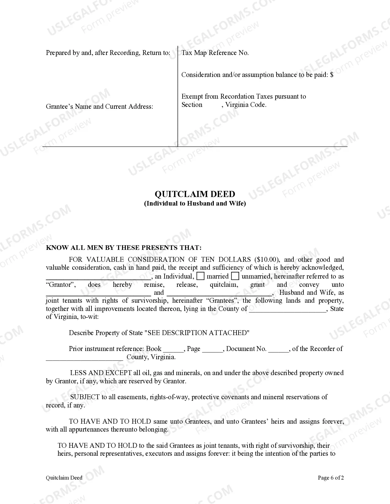 Preview Quitclaim Deed from Individual to Husband and Wife