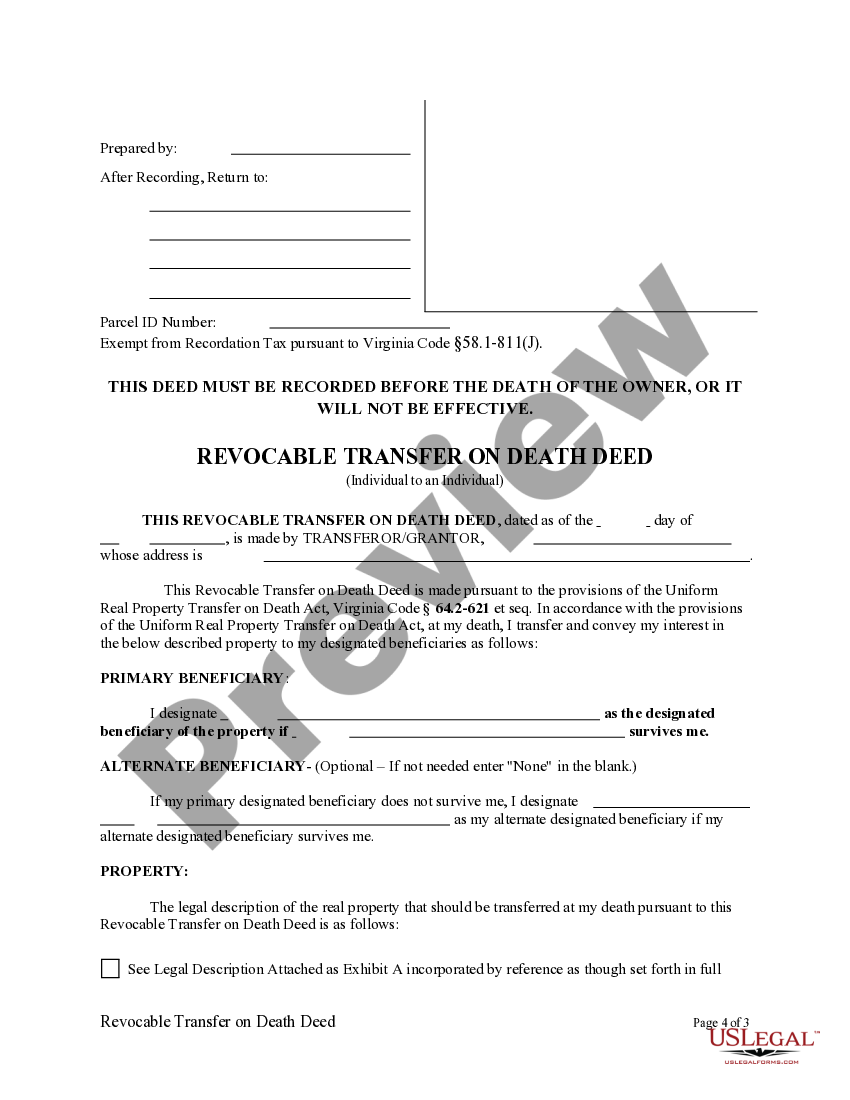 Virginia Revocable Transfer on Death Deed from Individual to Individual