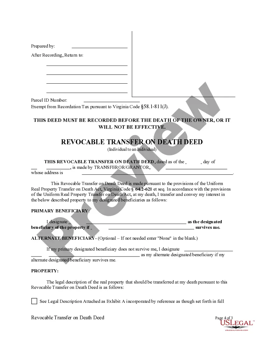 Get Revocable Transfer on Death Deed from Individual to Individual Preview Revocable Transfer on Death Deed from Individual to Individual