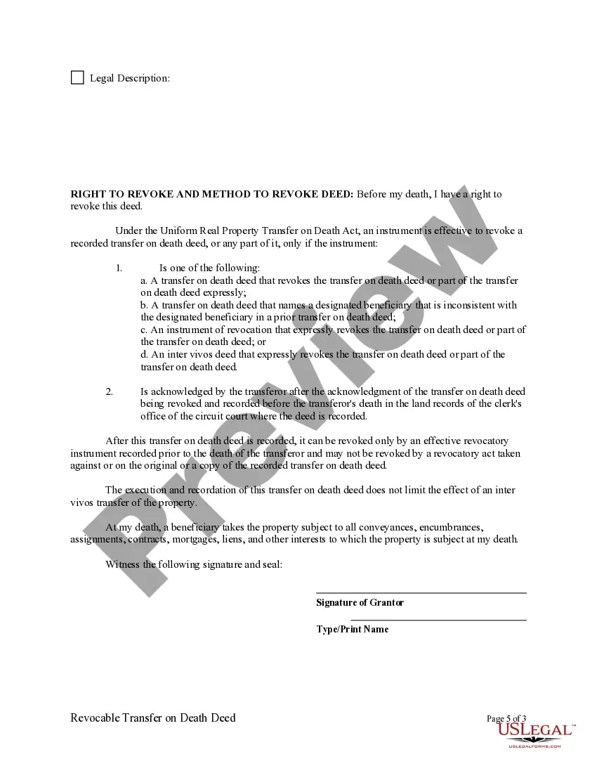 Get Revocable Transfer on Death Deed from Individual to Individual Preview Revocable Transfer on Death Deed from Individual to Individual
