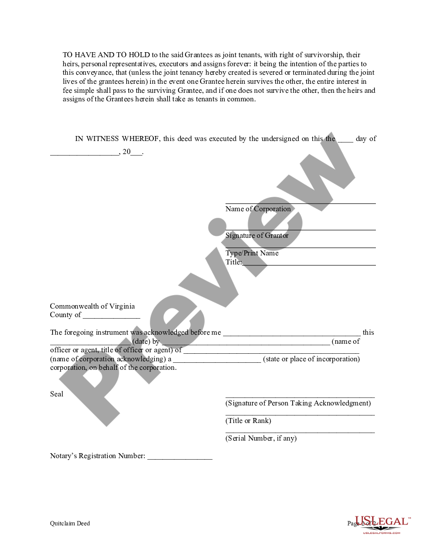 Fairfax Virginia Quitclaim Deed From Corporation To Husband And Wife 