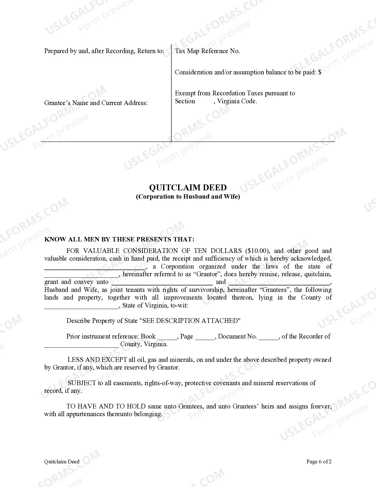 Preview Quitclaim Deed from Corporation to Husband and Wife