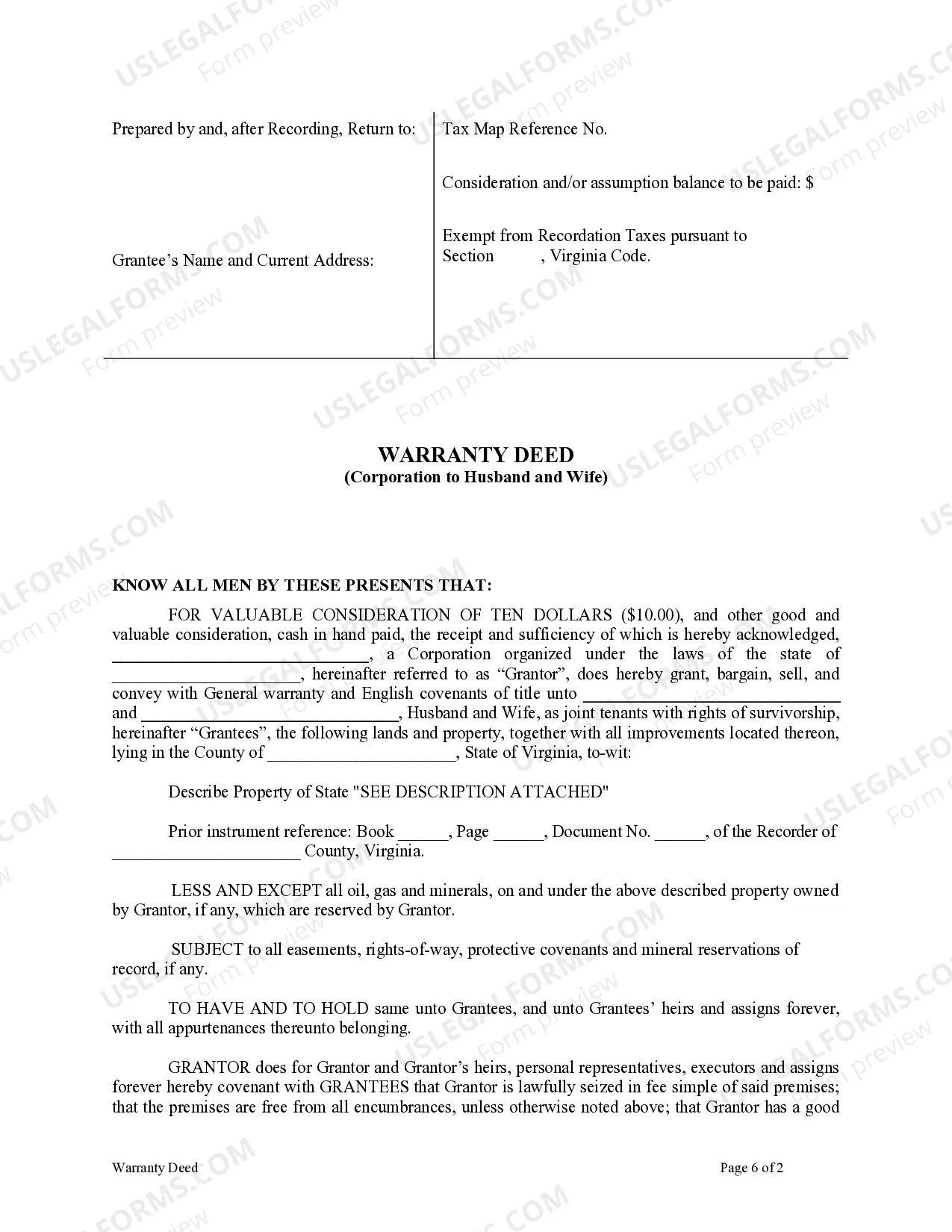Preview Warranty Deed from Corporation to Husband and Wife