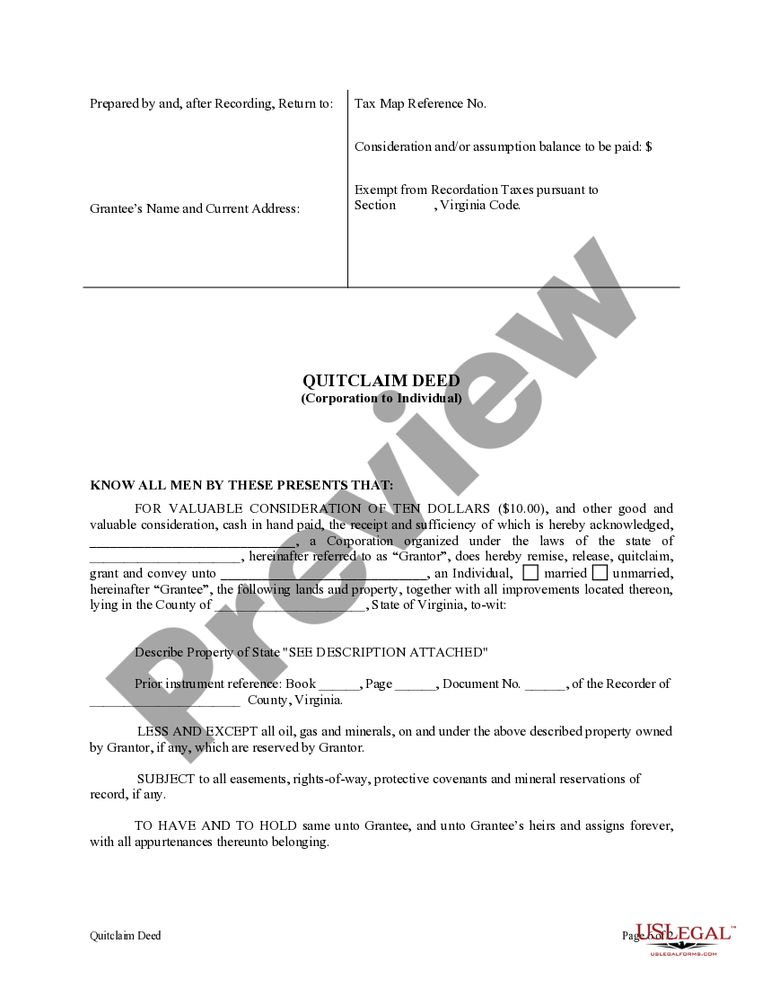 Virginia Quitclaim Deed from Corporation to Individual US Legal Forms