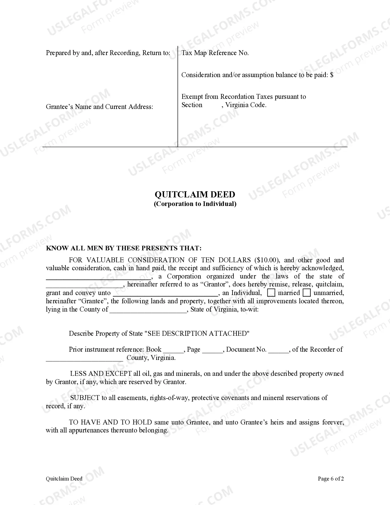 Preview Quitclaim Deed from Corporation to Individual