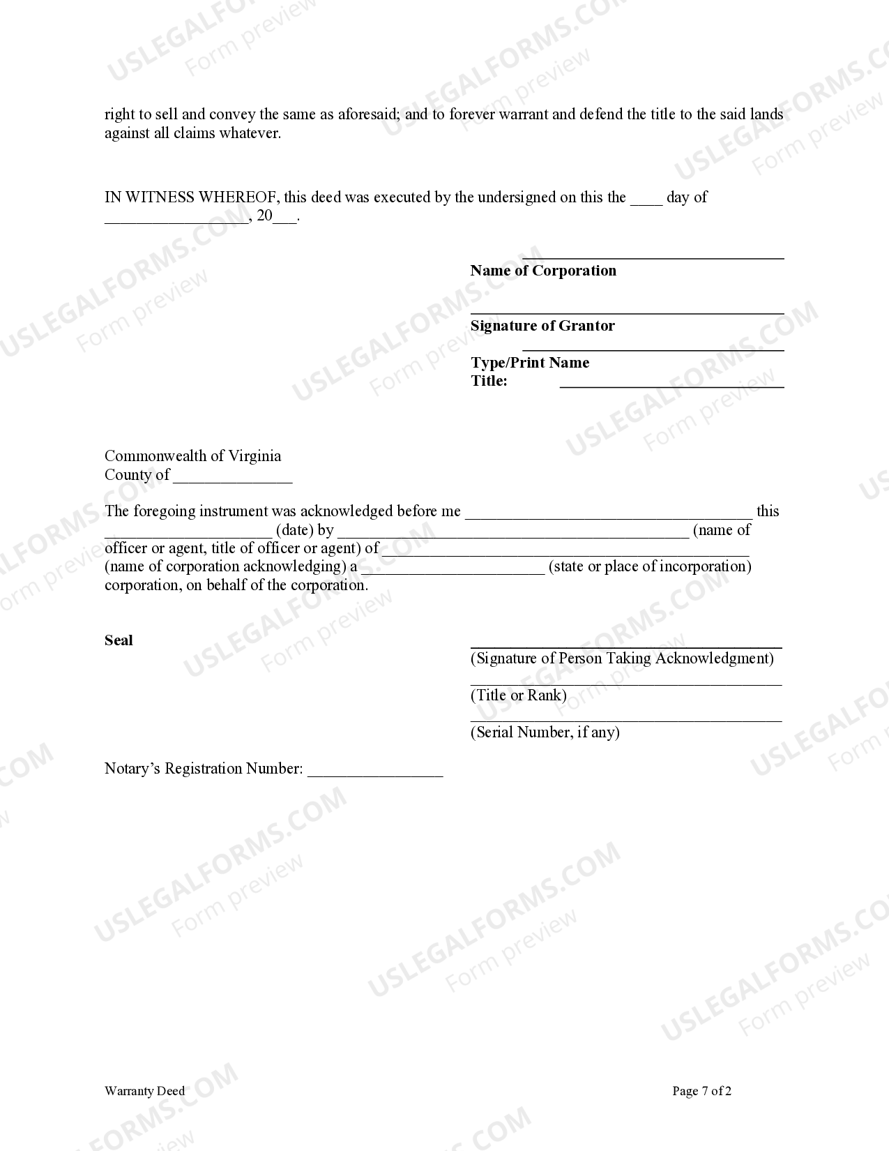 Virginia Warranty Deed from Corporation to Individual General