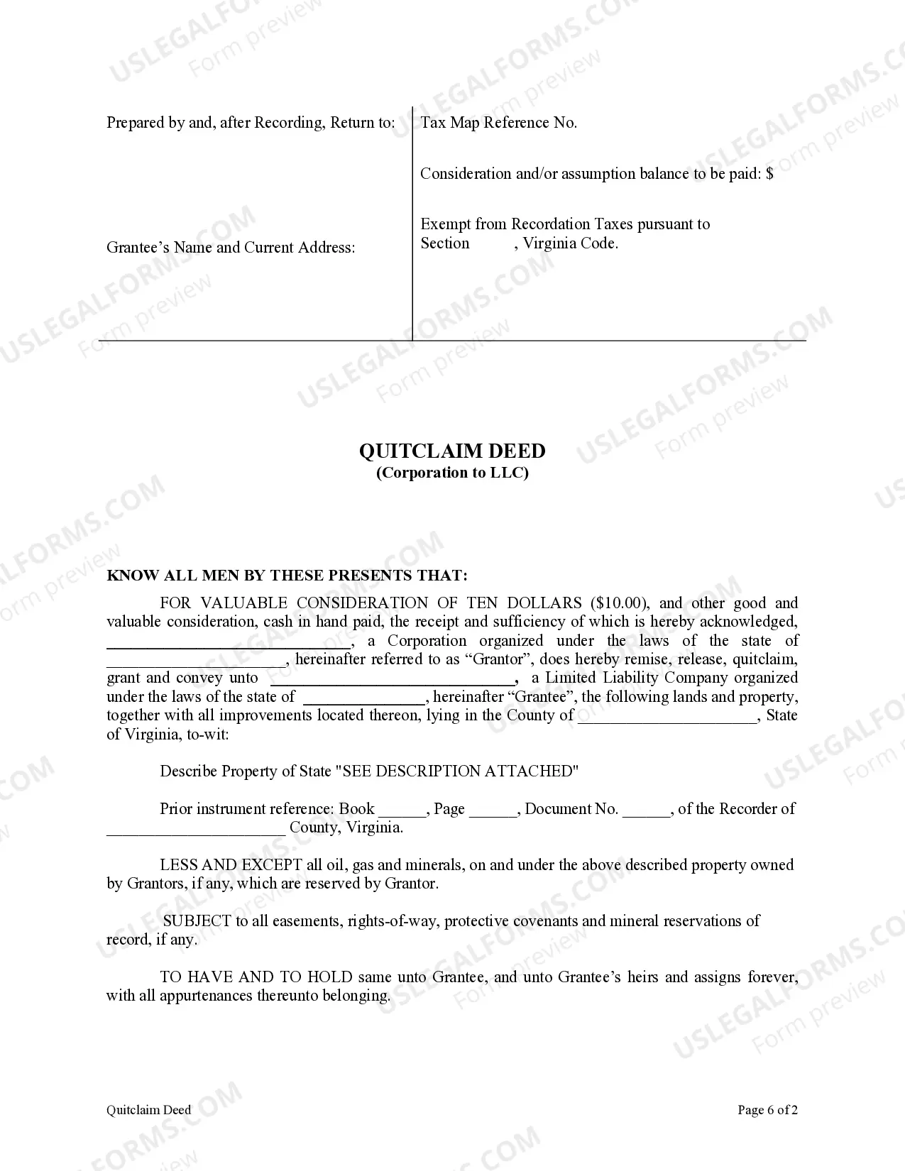 Preview Quitclaim Deed from Corporation to LLC