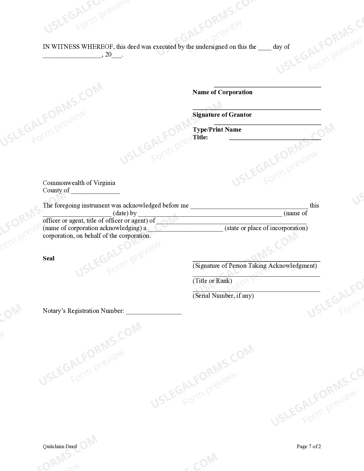 Preview Quitclaim Deed from Corporation to LLC