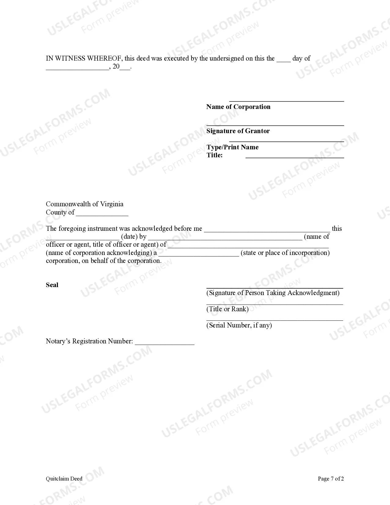 Preview Quitclaim Deed from Corporation to Corporation