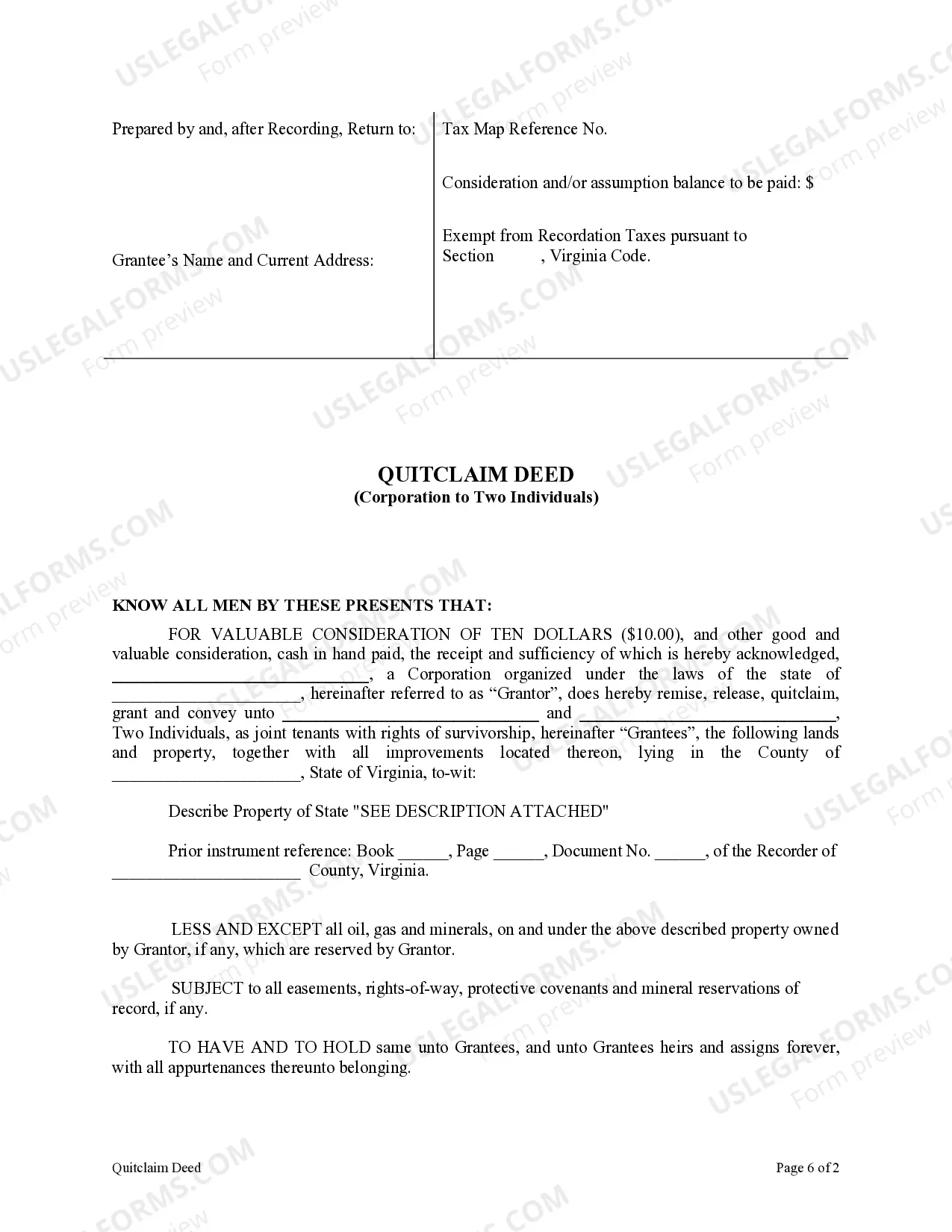 Preview Quitclaim Deed from Corporation to Two Individuals