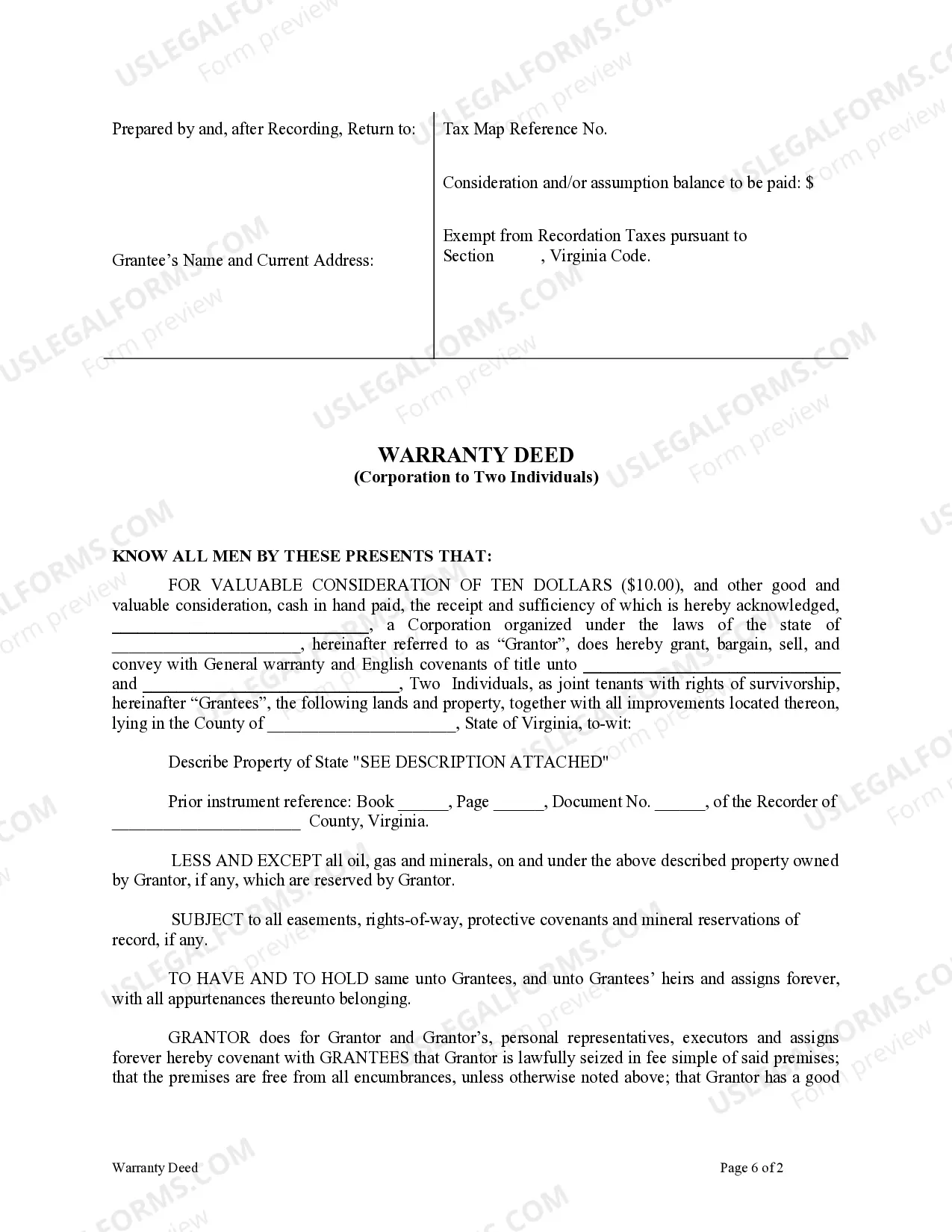 Preview Warranty Deed from Corporation to Two Individuals