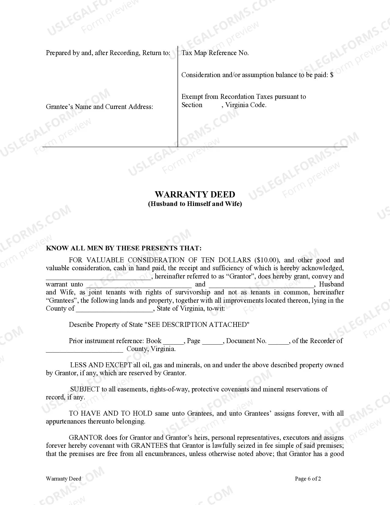 Preview Warranty Deed from Husband to Himself and Wife