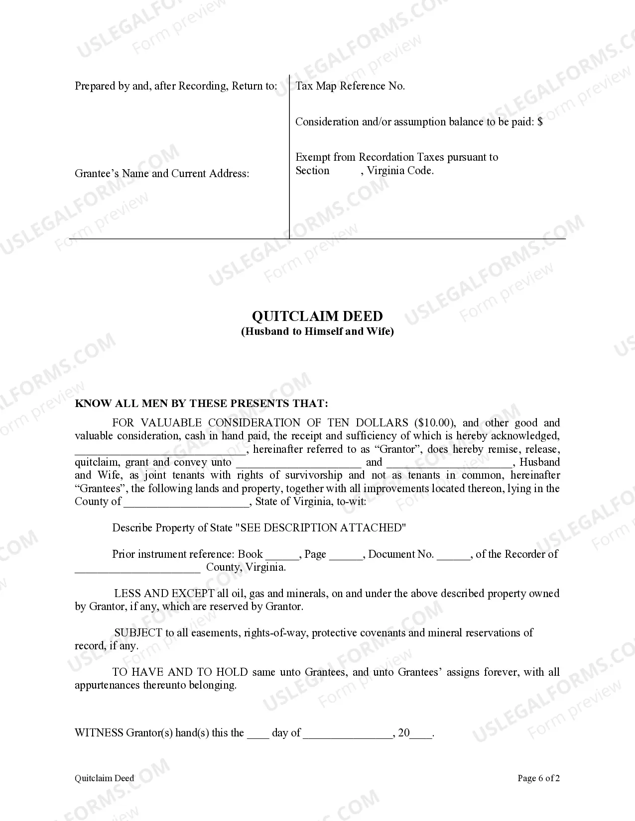 Preview Quitclaim Deed from Husband to Himself and Wife