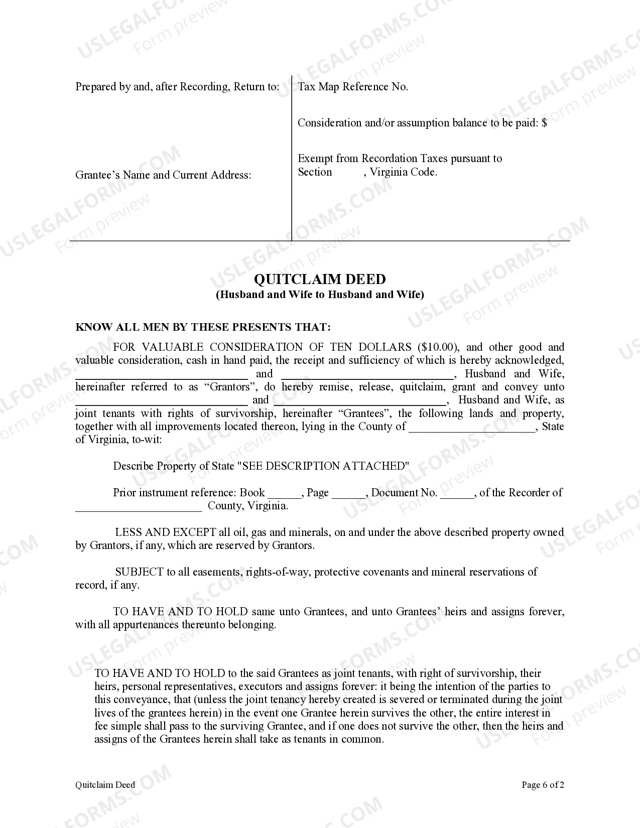 Preview Quitclaim Deed from Husband and Wife to Husband and Wife