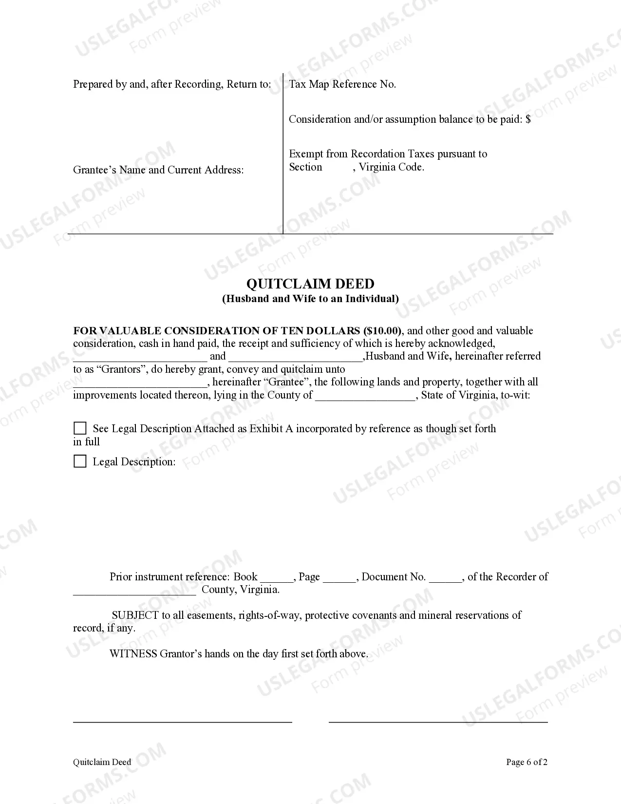 Preview Quitclaim Deed from Husband and Wife to an Individual