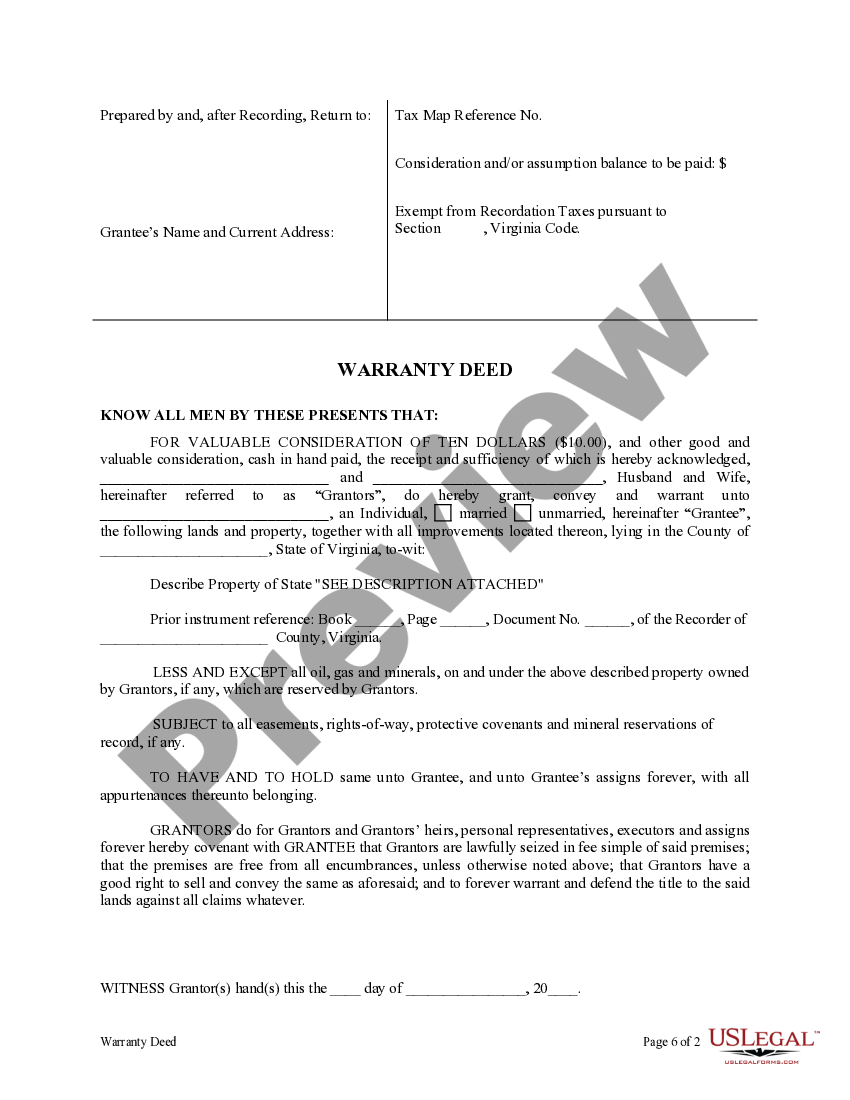 Virginia Warranty Deed from Husband and Wife to an Individual US