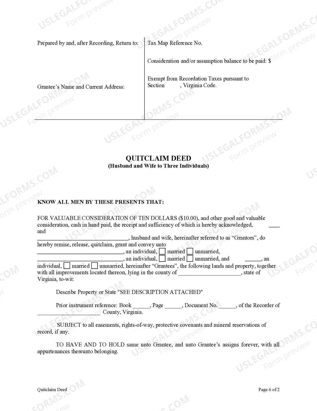 Preview Quitclaim Deed from Husband and Wife to Three Individuals