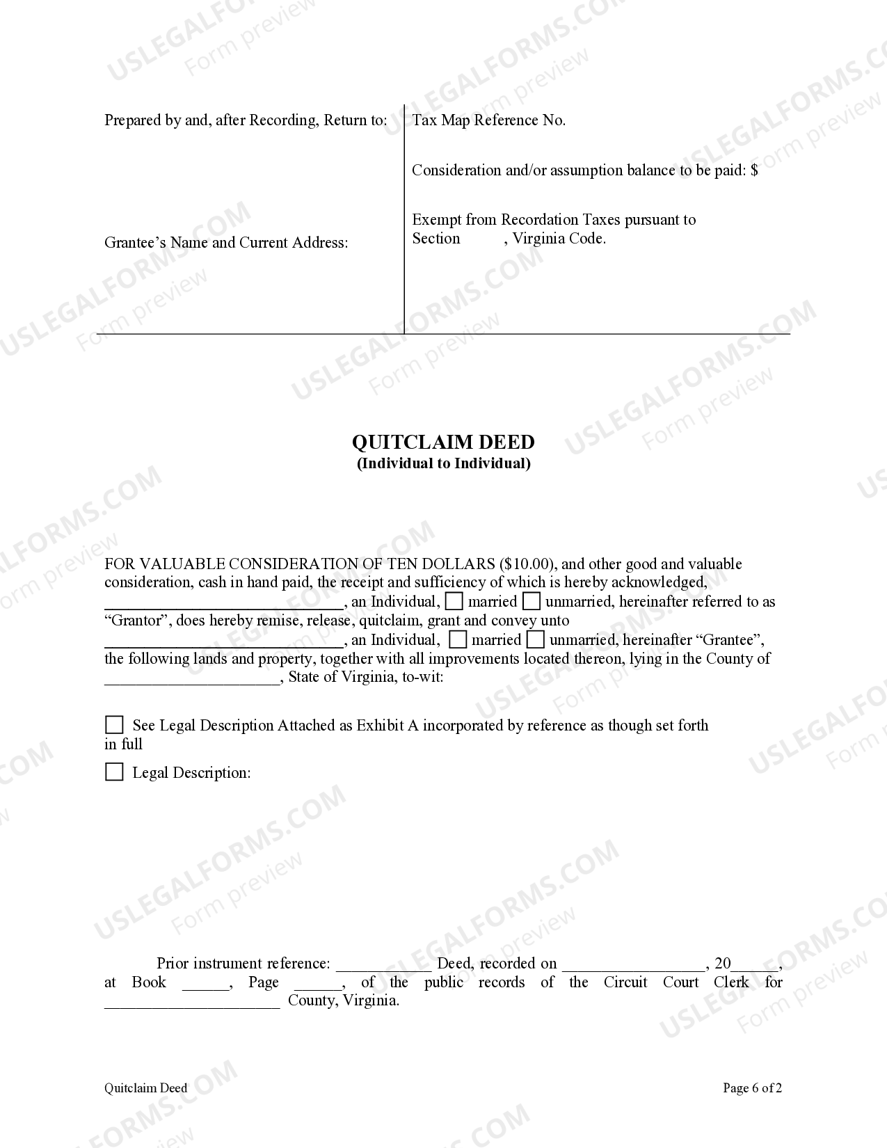 Virginia Quitclaim Deed from Individual to Individual Quitclaim Deed