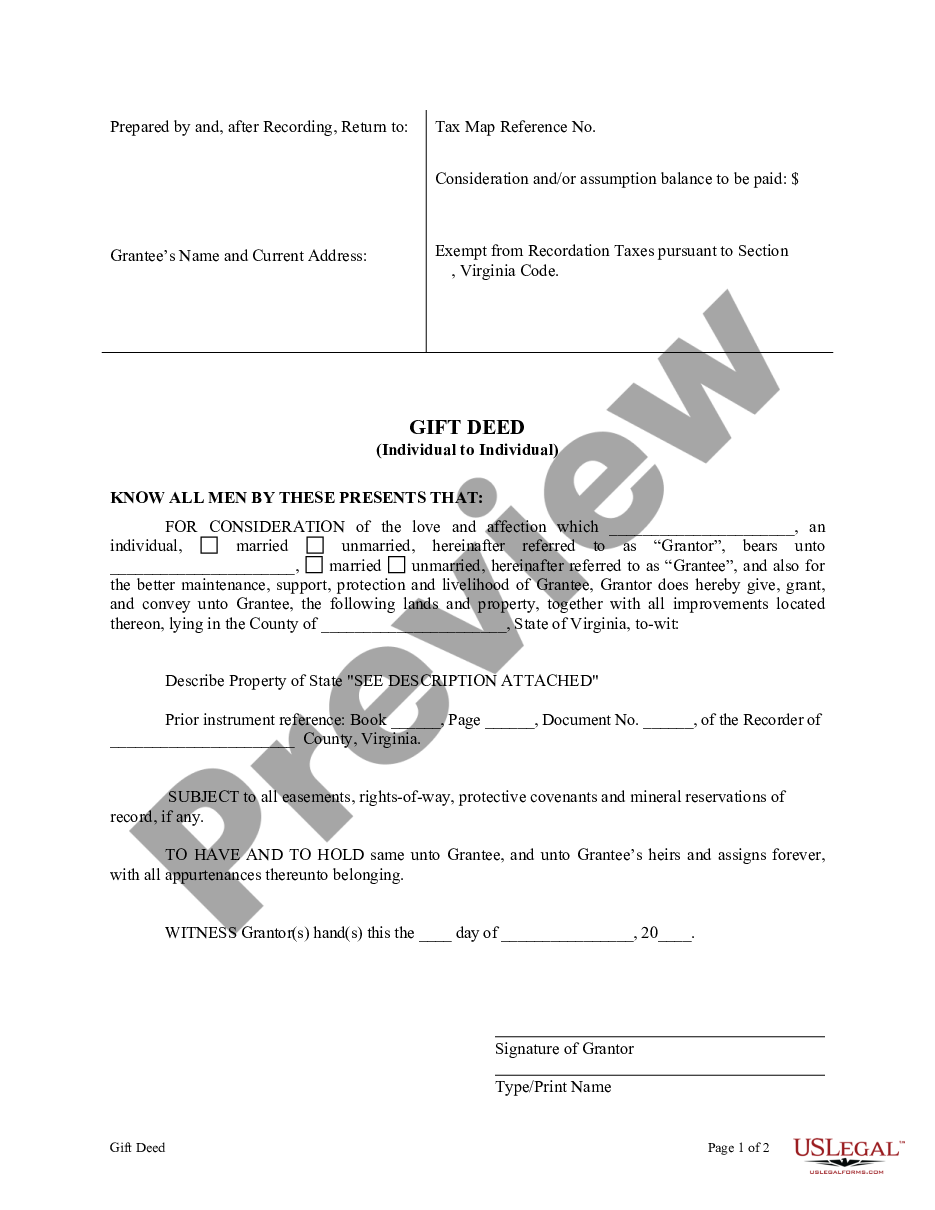 Virginia Gift Deed For Individual To Individual Deed Of Gift Form Virginia US Legal Forms