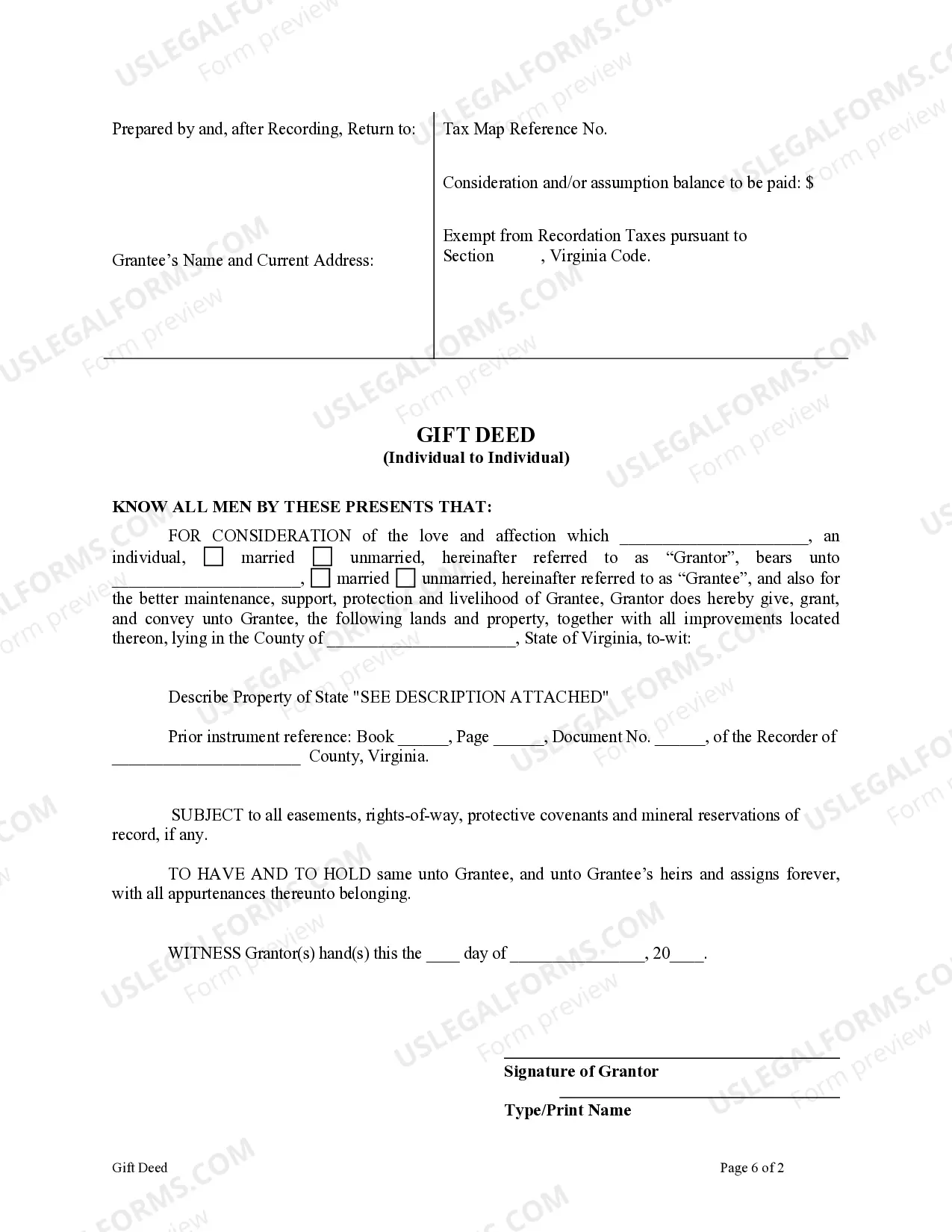 Preview Virginia Gift Deed for Individual to Individual