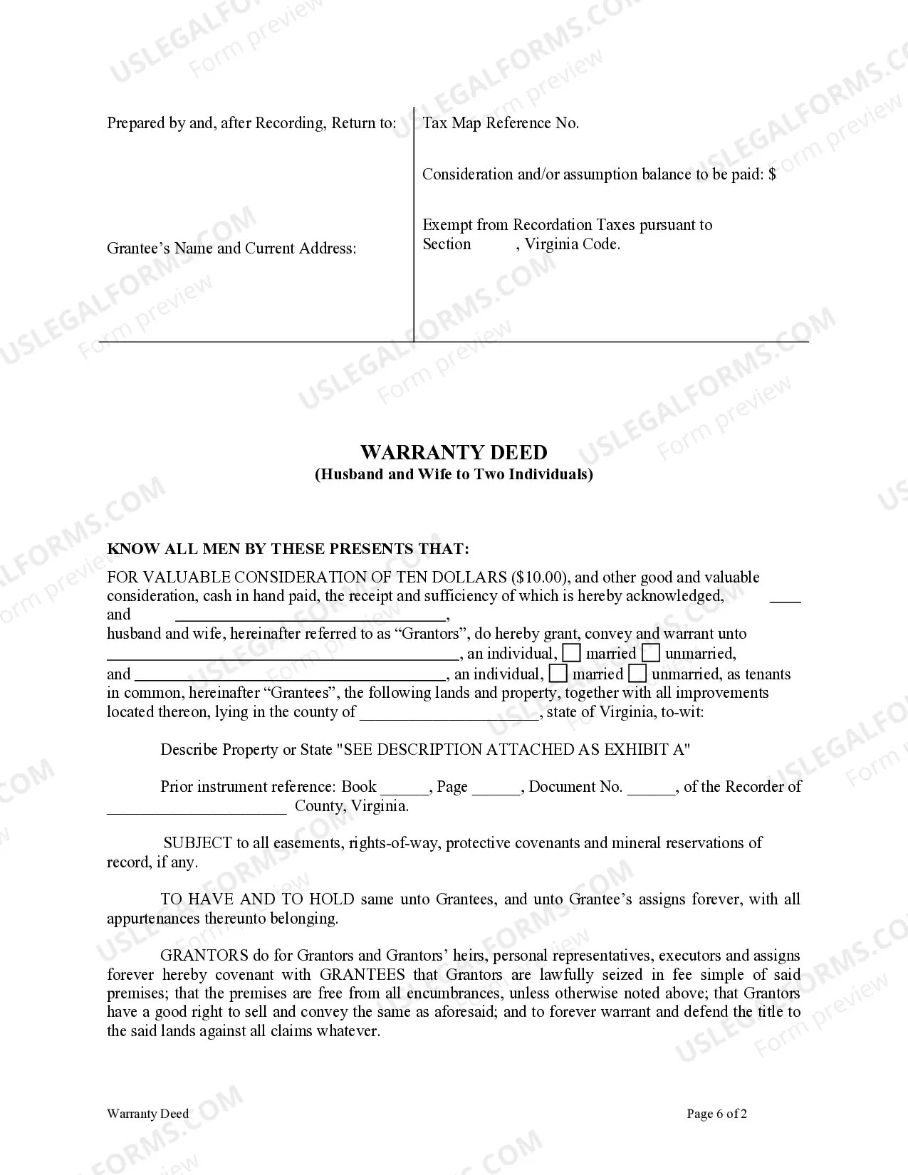 Preview Warranty Deed from Husband and Wife to Two Individuals