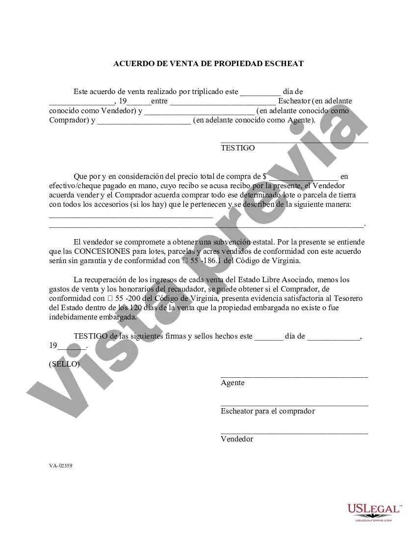Preview Formulario de Acuerdo de Venta de Propiedad de Escheat