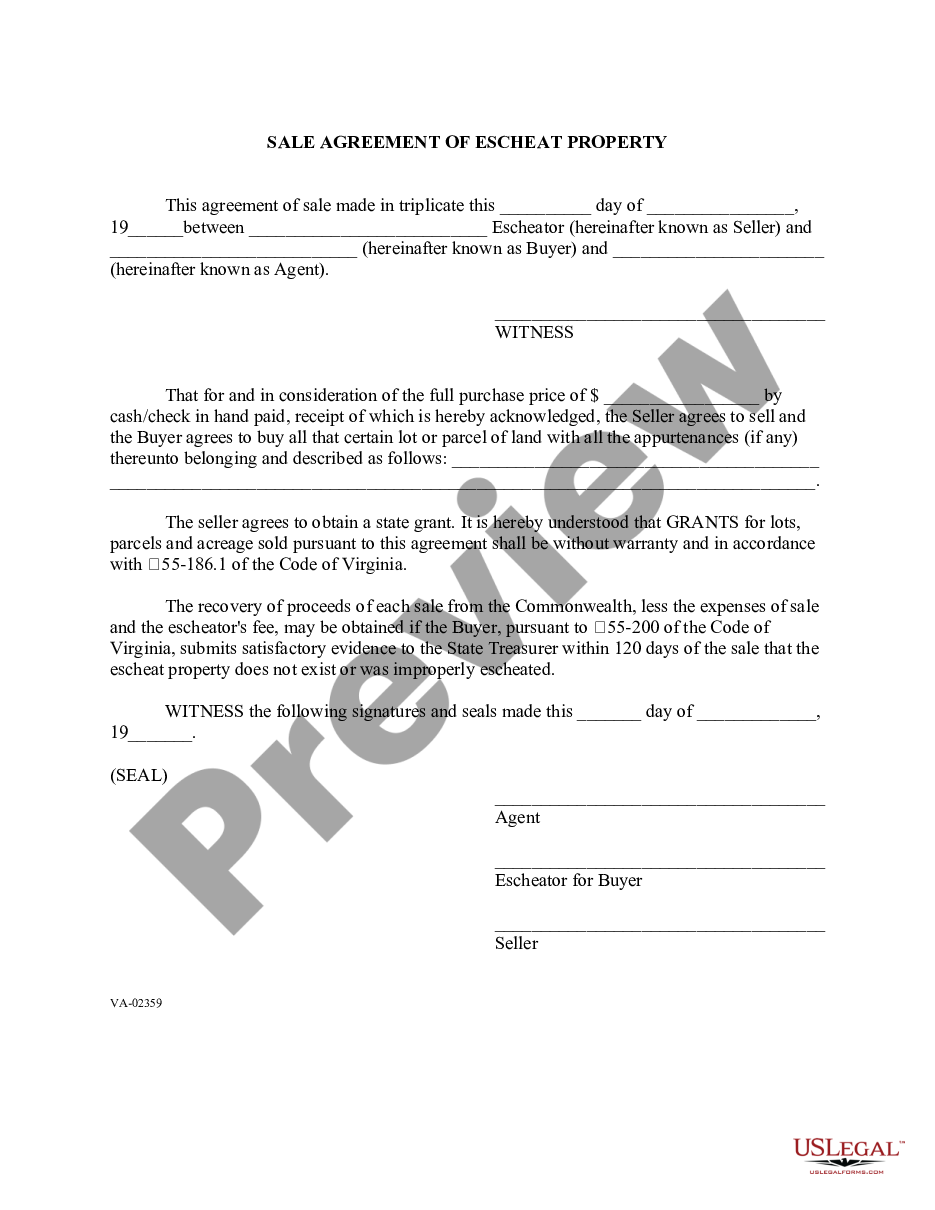 form Form of Sale Agreement of Escheat Property preview