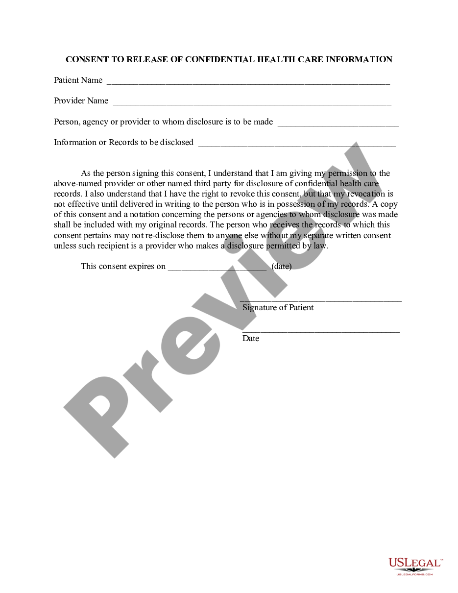 form Consent to Release of Confidential Health Care Information preview