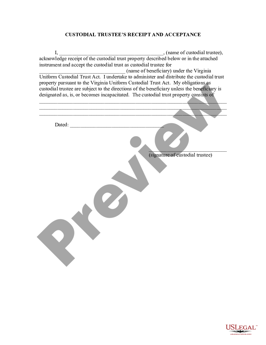 form Receipt and Acceptance of Custodian under Uniform Custodial Trust Act preview