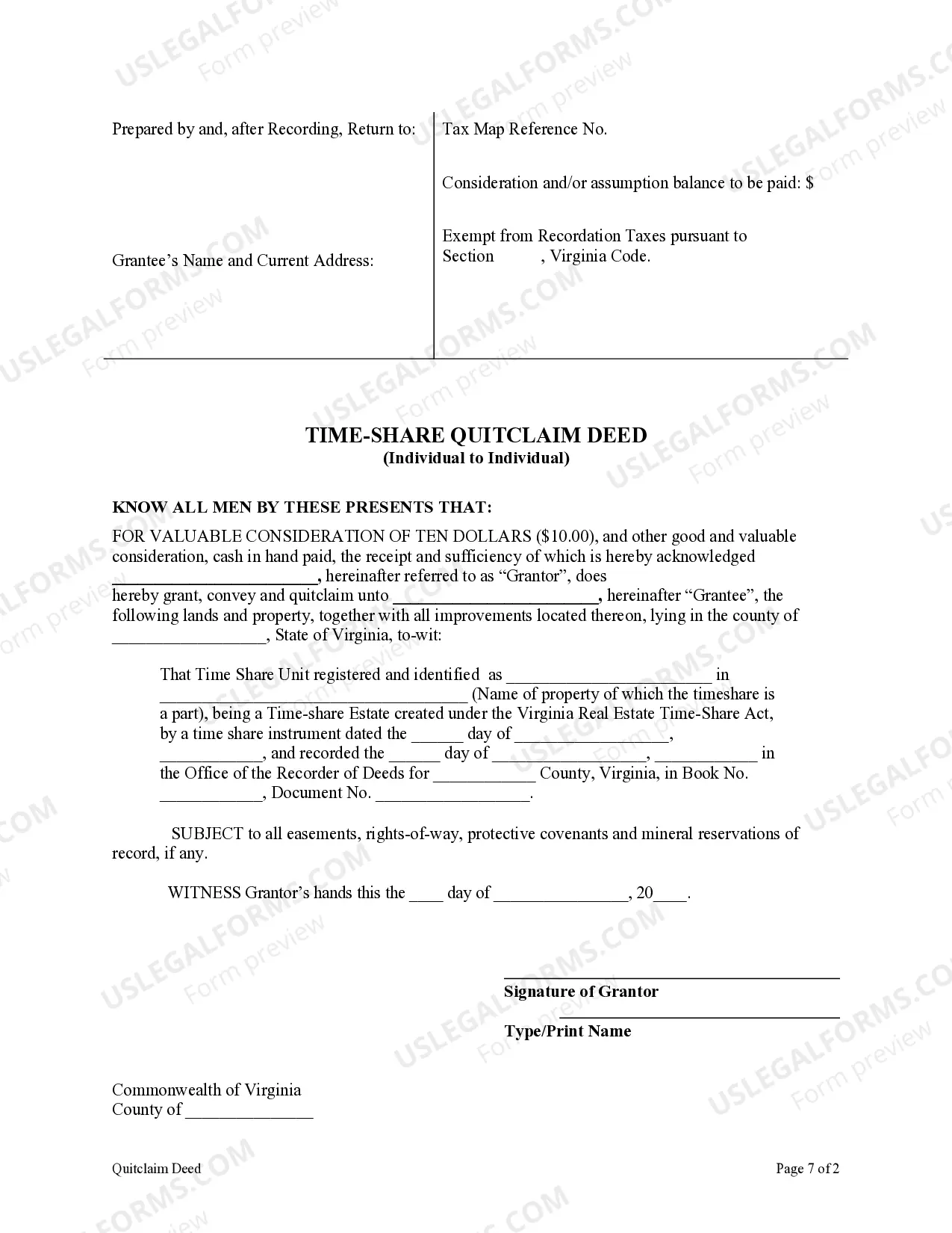 Preview Time-Share Quitclaim Deed - Individual to Individual